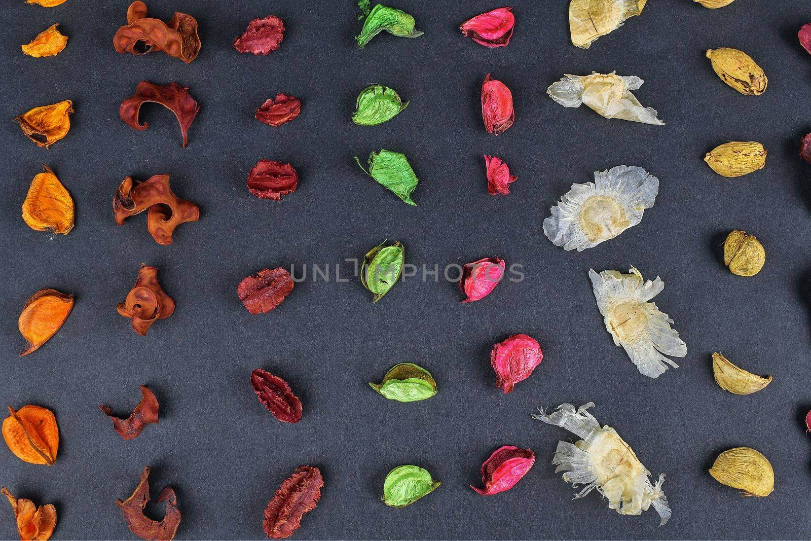 Dried aromatic plant parts, dried flowers, dried fragrance. Geometric pattern