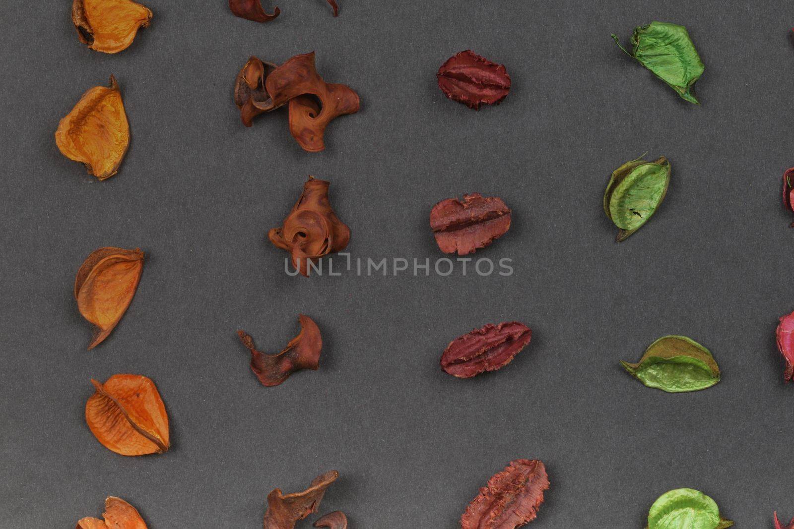 Dried aromatic plant parts, dried flowers, dried fragrance. Geometric pattern - raws. Close-up