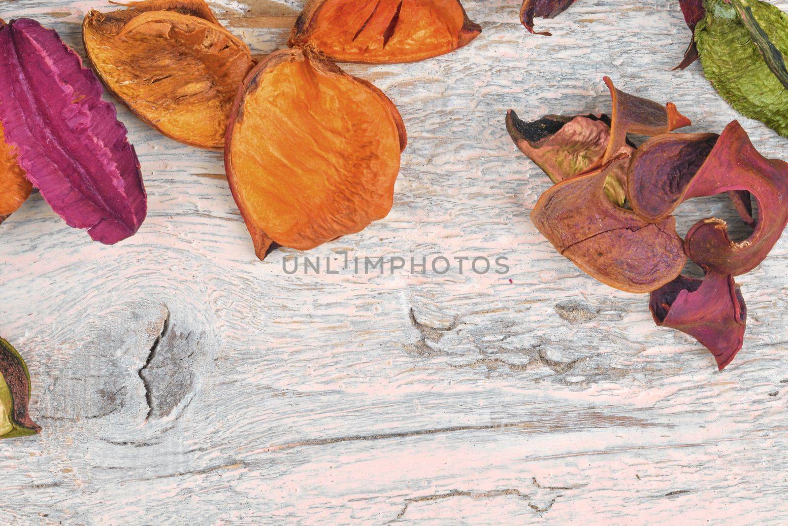 Potpourri. Close-up of dried flowers, used for aromatherapy, white background. Top view. Copy space for your text