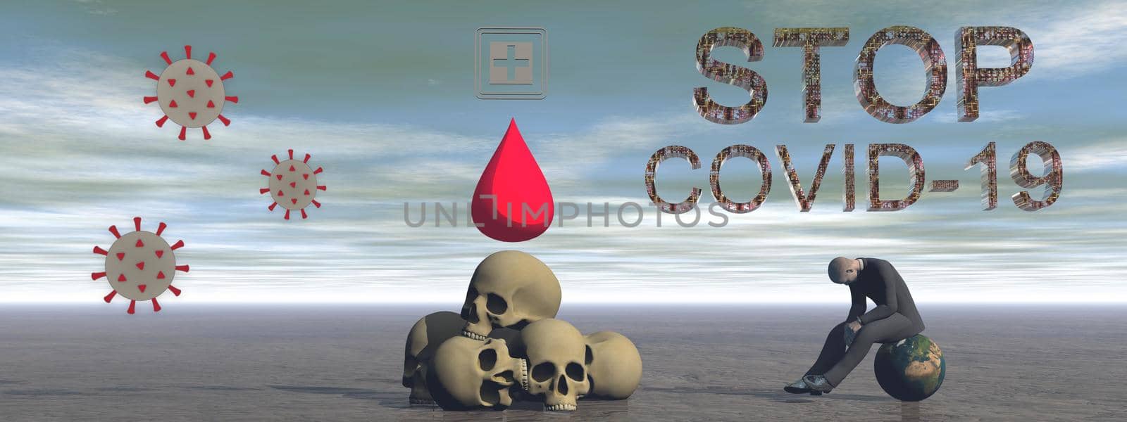 stop coronavirus and sky clouds - 3d rendering