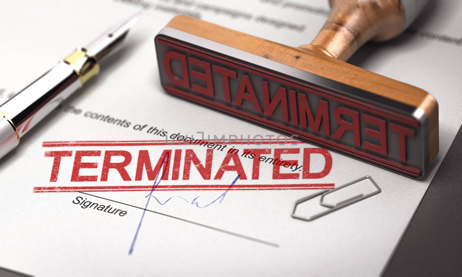 3D illustration of a contract termination agreement with a rubber stamp and the word terminated printed on the document.