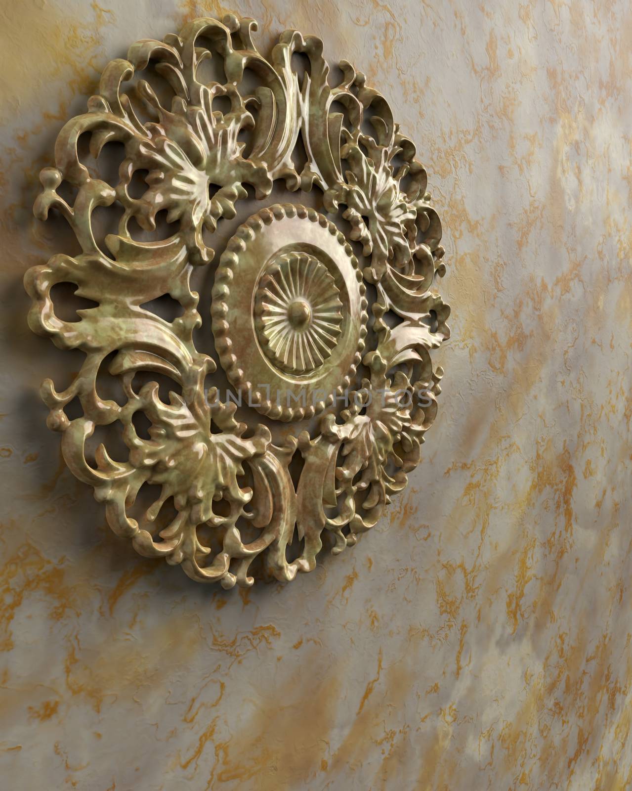 Marble wall with round stone ornament.