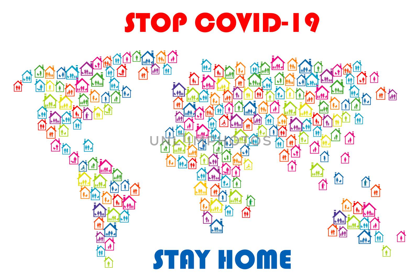 Stop covid 19- Stay home concept with world map and full houses by hibrida13