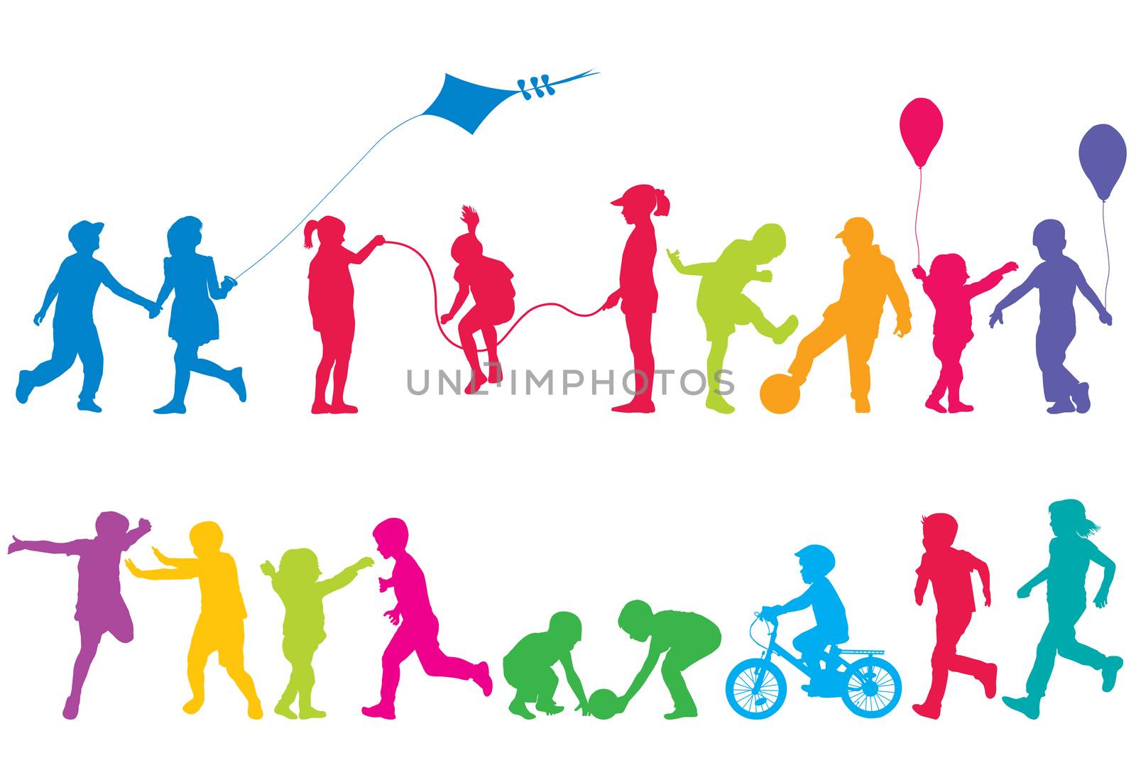 Two sets of colored silhouettes of children playing