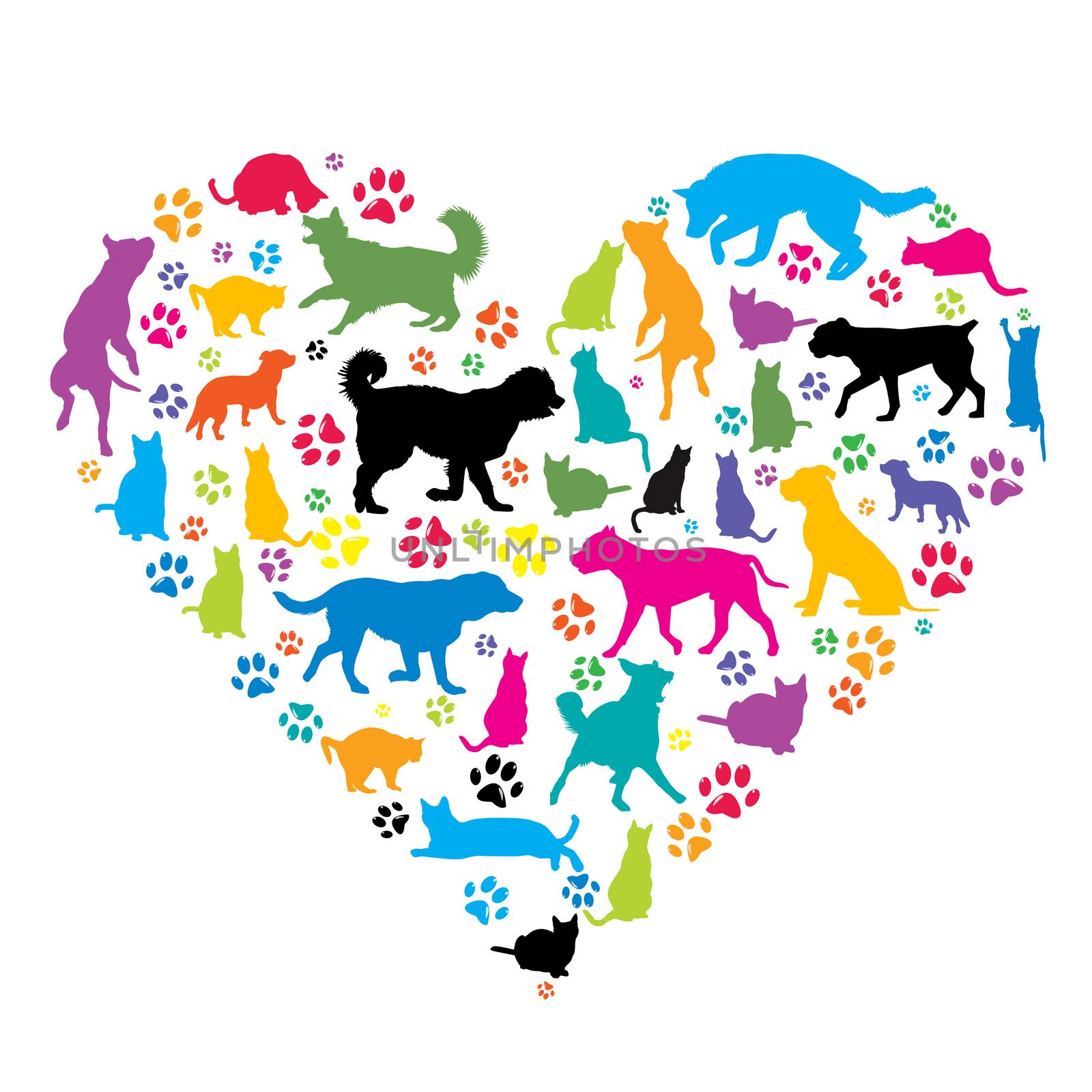 I love pets concept with silhouettes of dogs and cat in heart shape