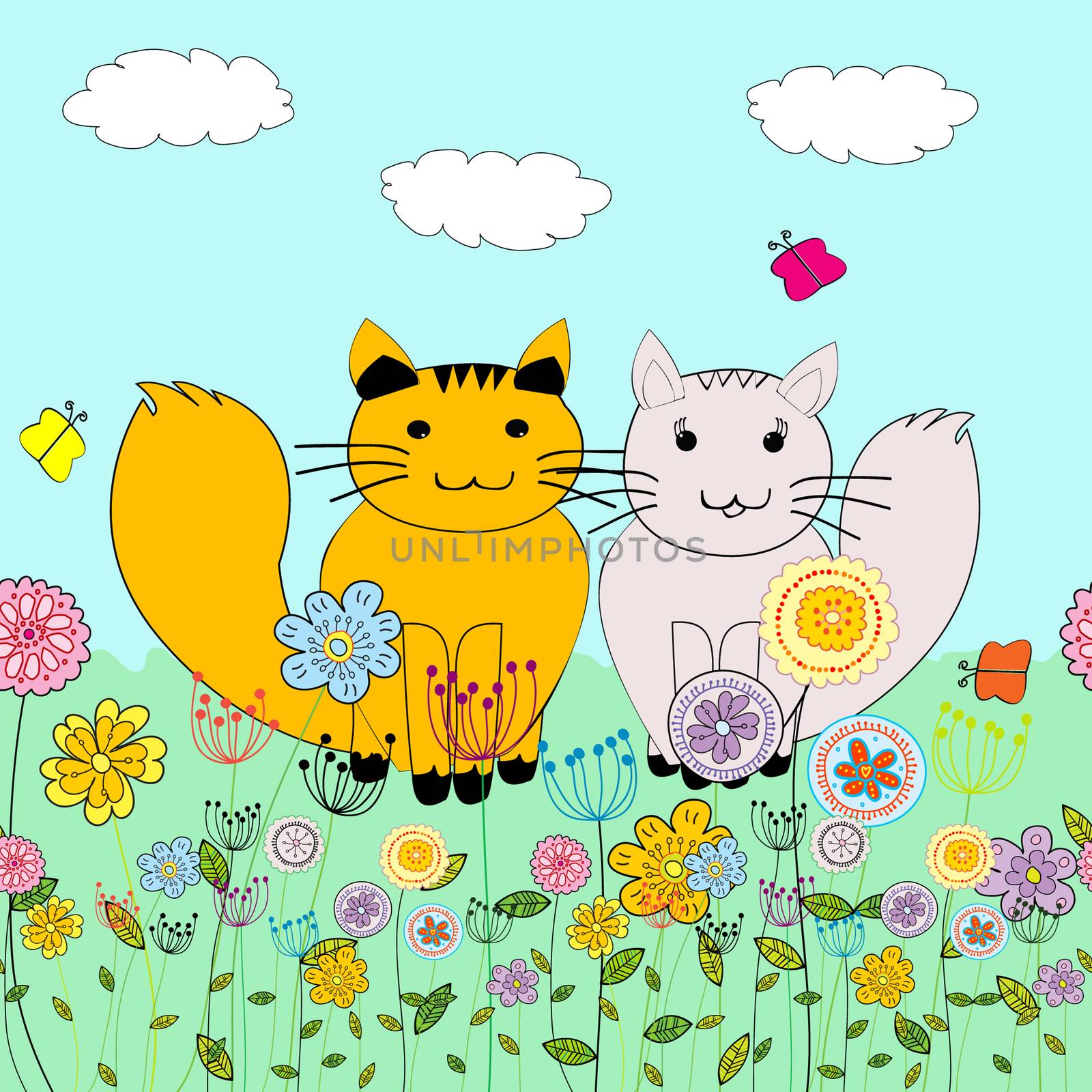 Background with two cartoon cats in love in a meadow with flowers and butterflies