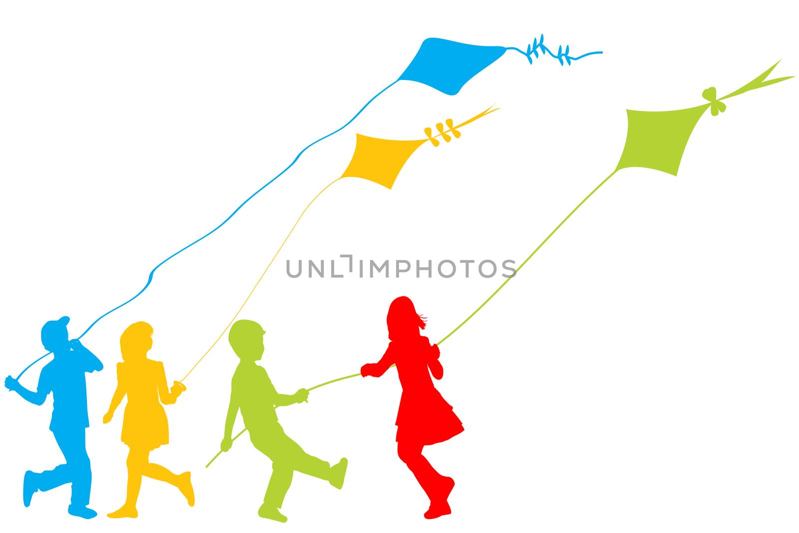 Colored silhouettes of children playing with kites by hibrida13