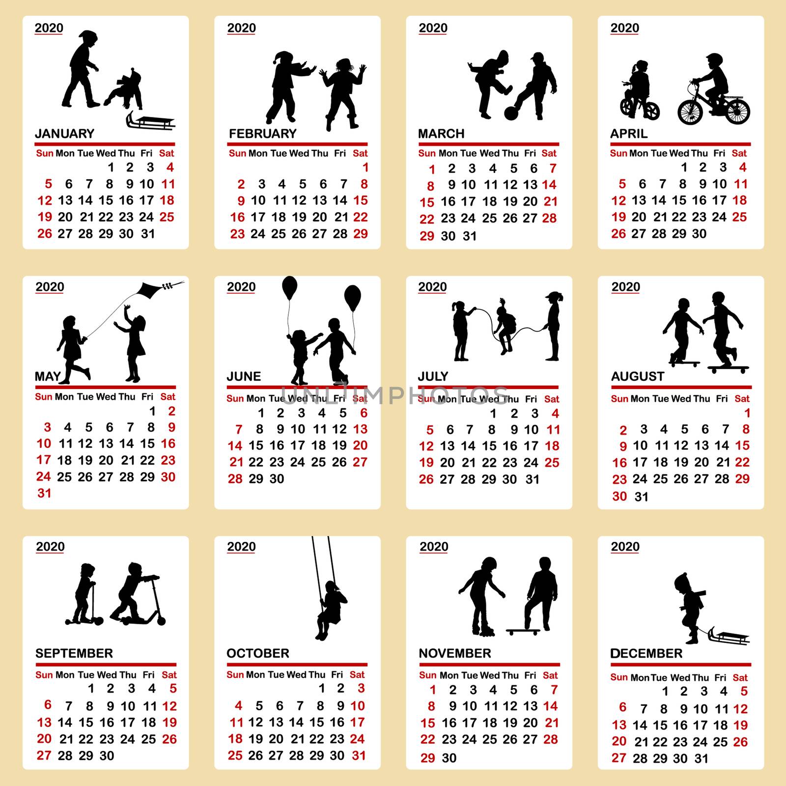 2020 calendar with silhouettes of children