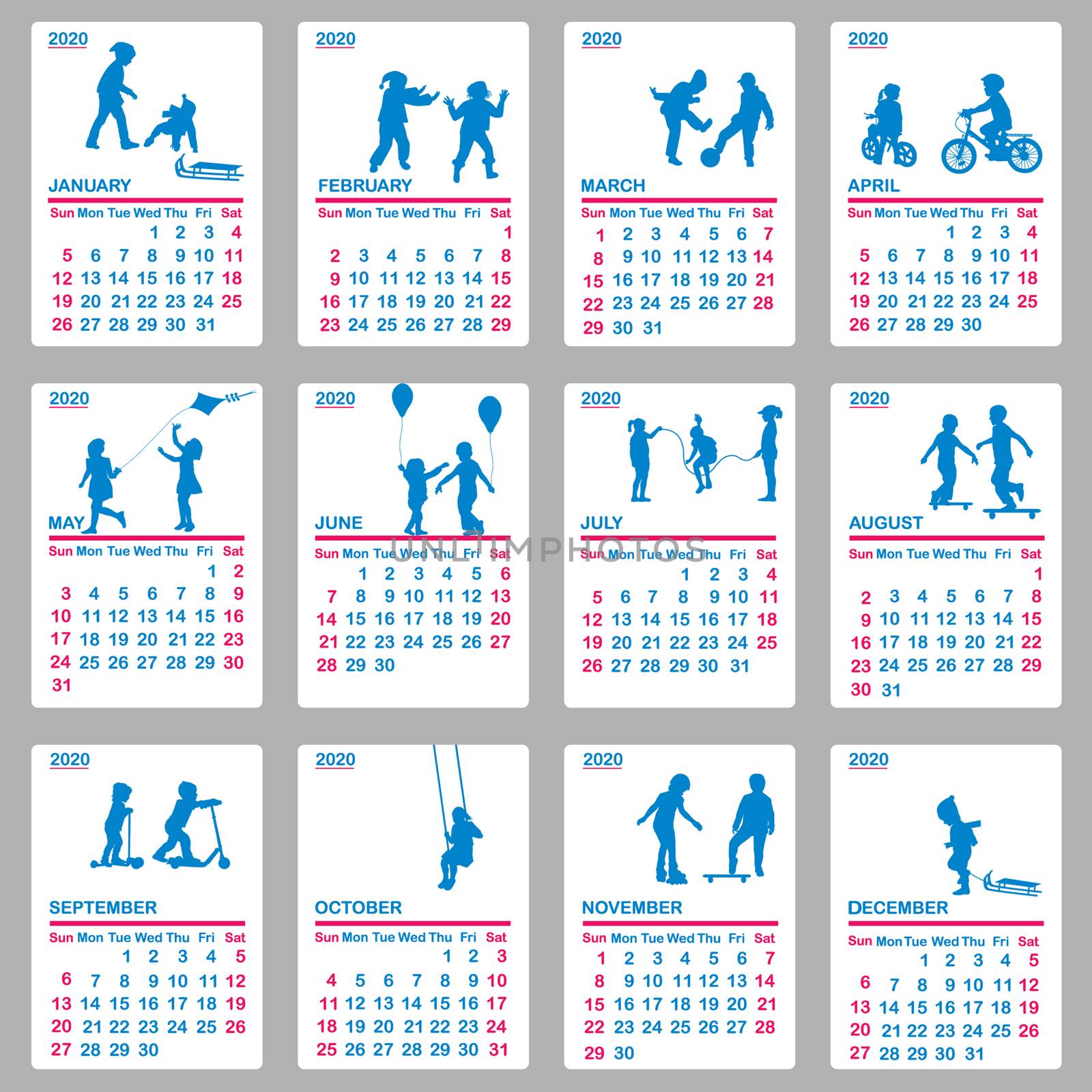 2020 Calendar with blue silhouettes of children playing