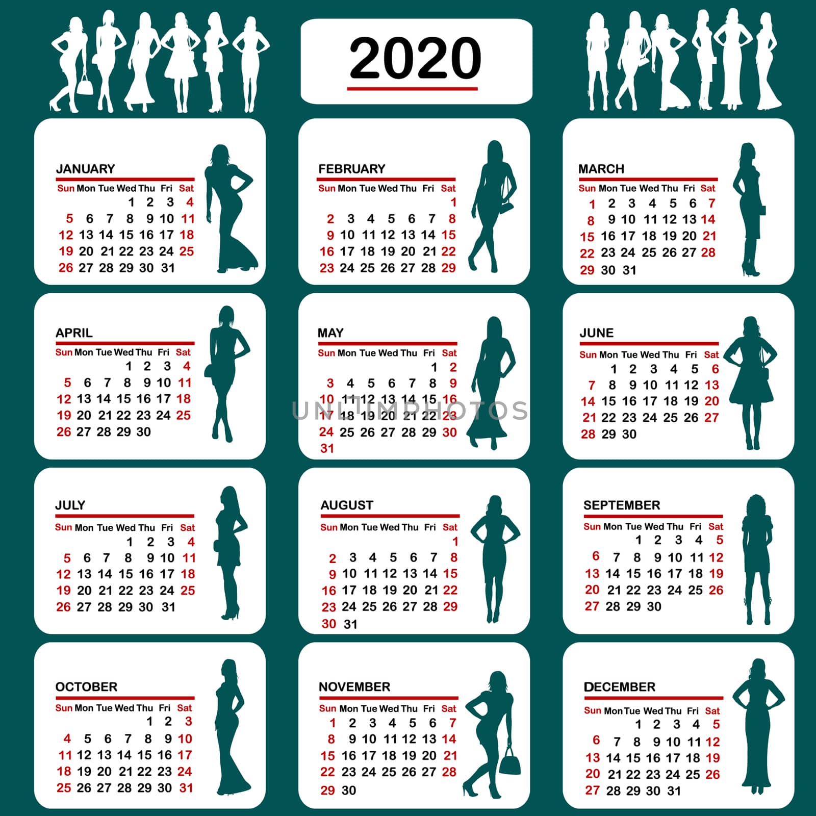 2020 calendar with fashion silhouettes of women
