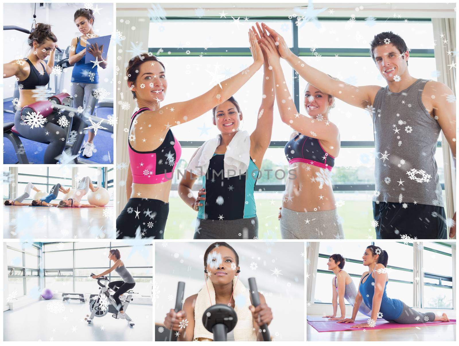 Collage of happy people at the gym against snow