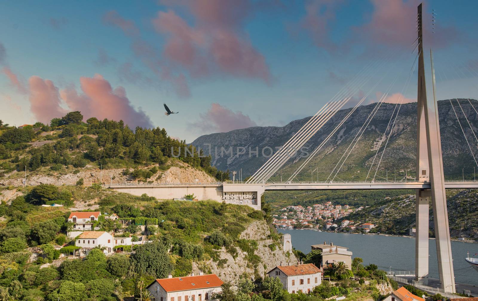 Suspension Bridge Over Croatian Homes by Bay by dbvirago