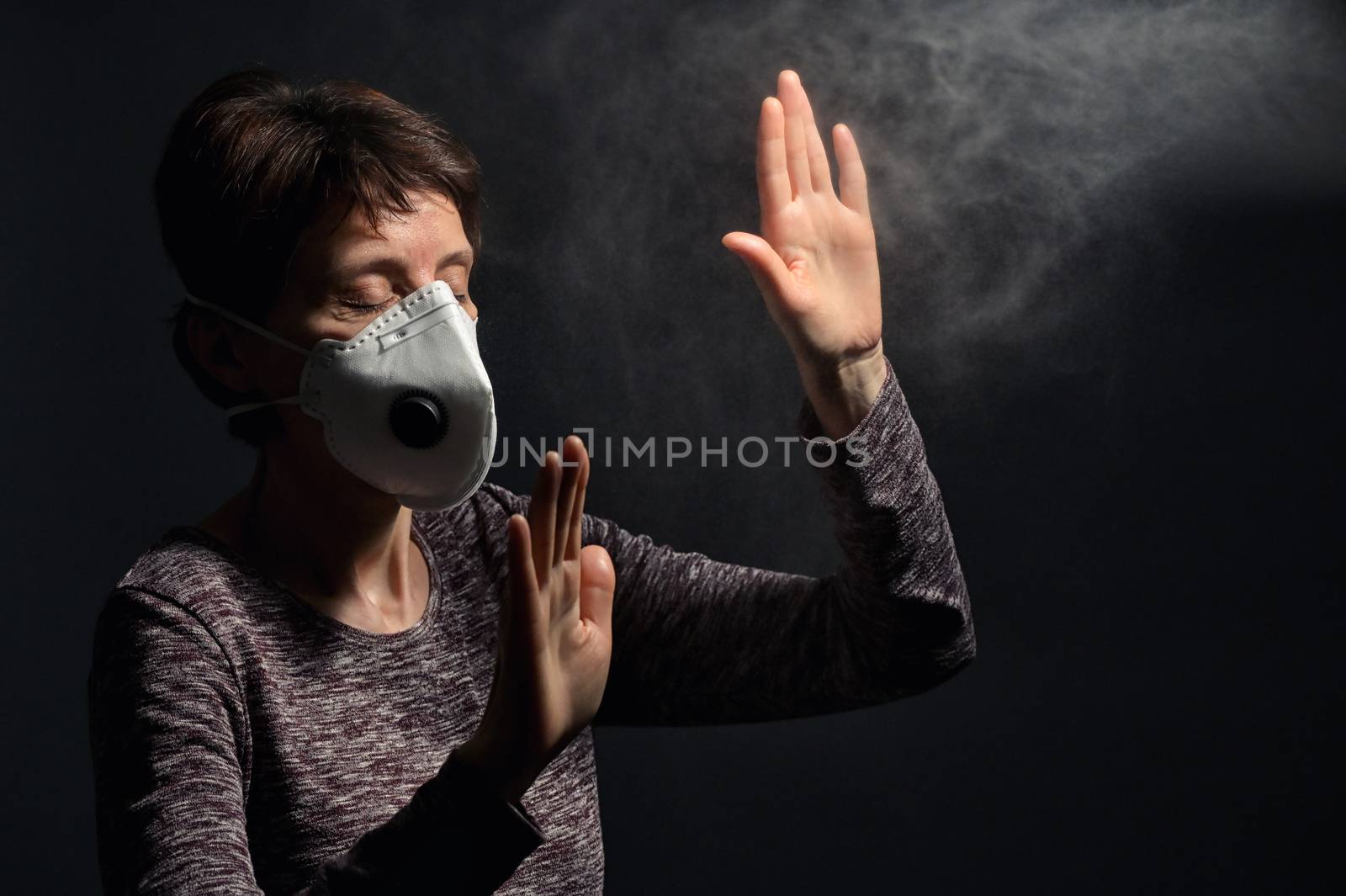 Woman Wearing Medical Protective Virus Mask on dark background