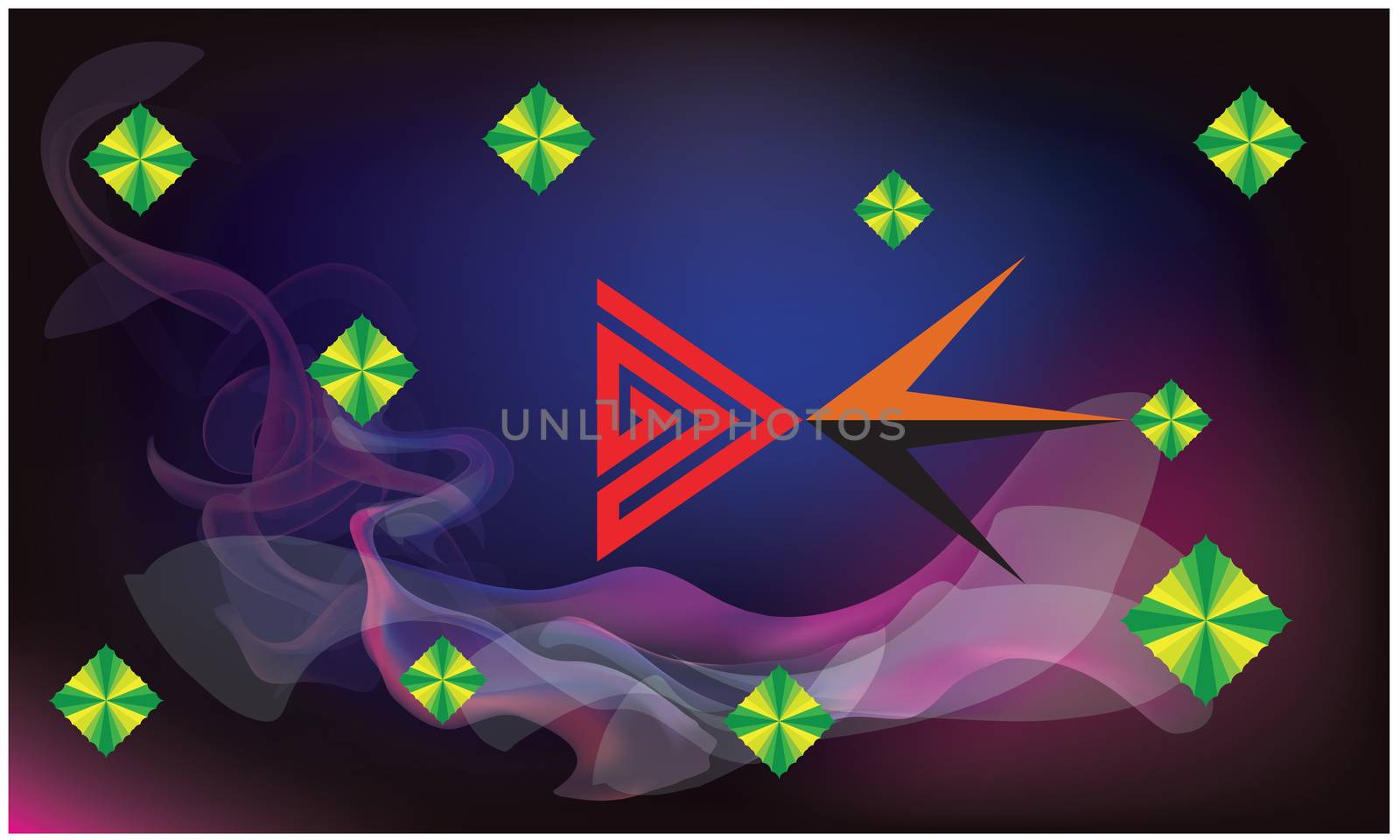 Arrow and abstract play button on tricolor background