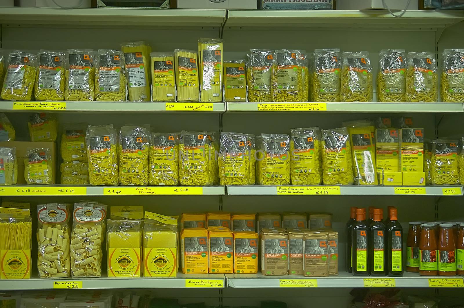 FRATTA POLESINE, ITALY 18 MARCH 2020: Shelves of a grocery store