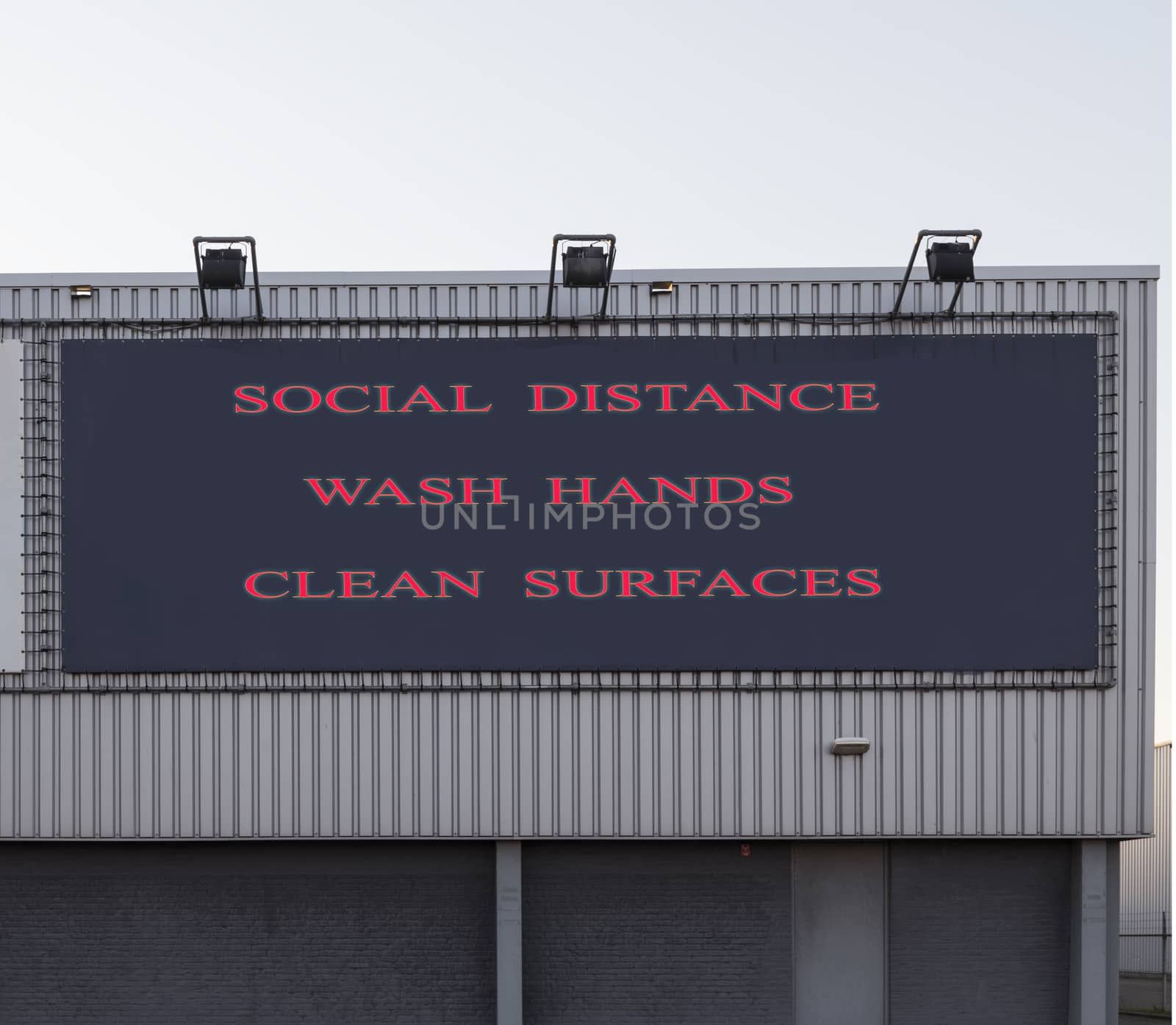 Bus station board billboard with three basic rules to avoid the coronavirus or Covid-19 epidemic of wash hands, maintain social distance and clean surfaces