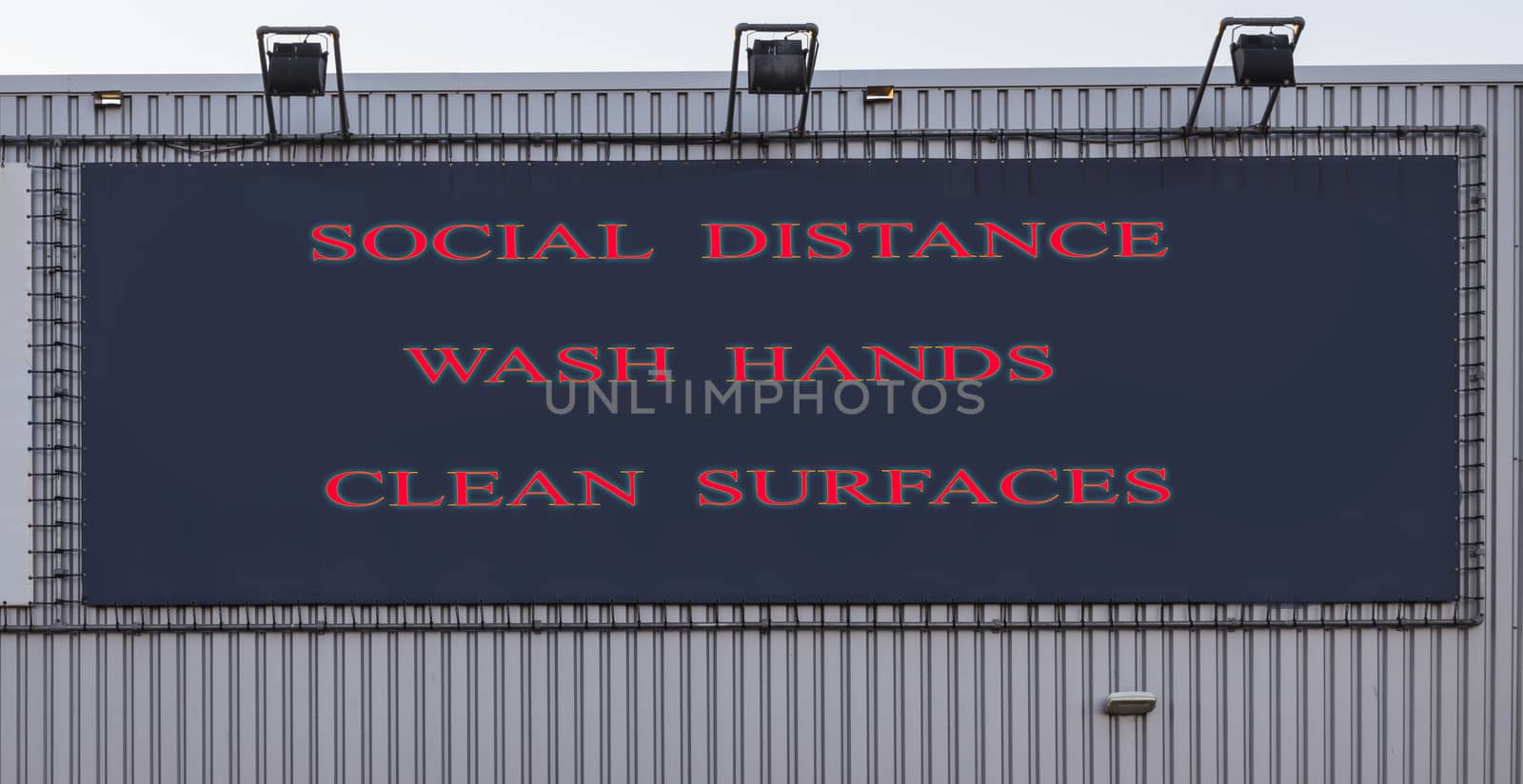 Bus station board billboard with three basic rules to avoid the coronavirus or Covid-19 epidemic of wash hands, maintain social distance and clean surfaces