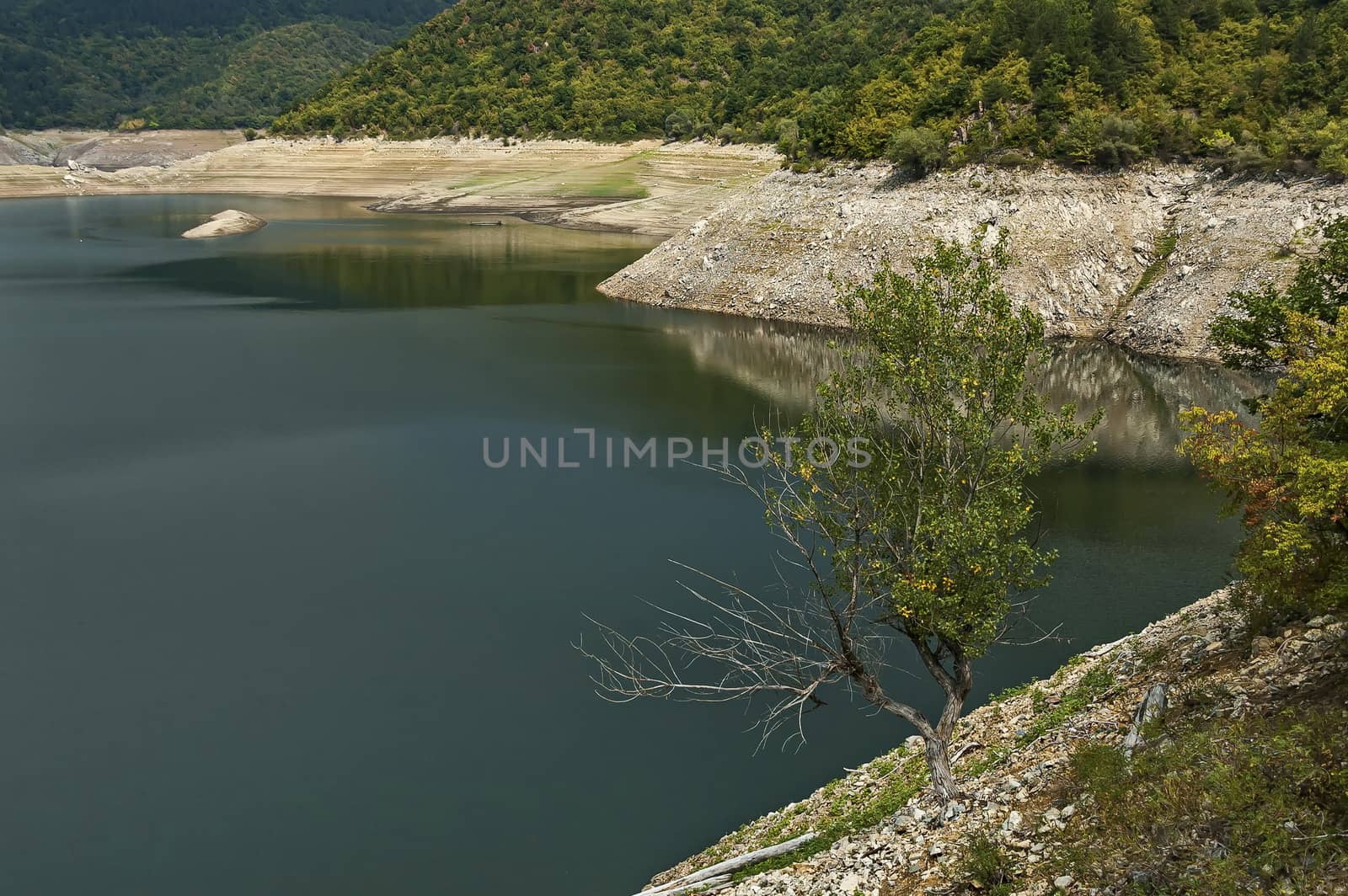 View of the Topolnitsa dam, reservoir, lake or barrage on the river Topolnitsa near village Muhovo, Ihtiman region, Bulgaria, Europe