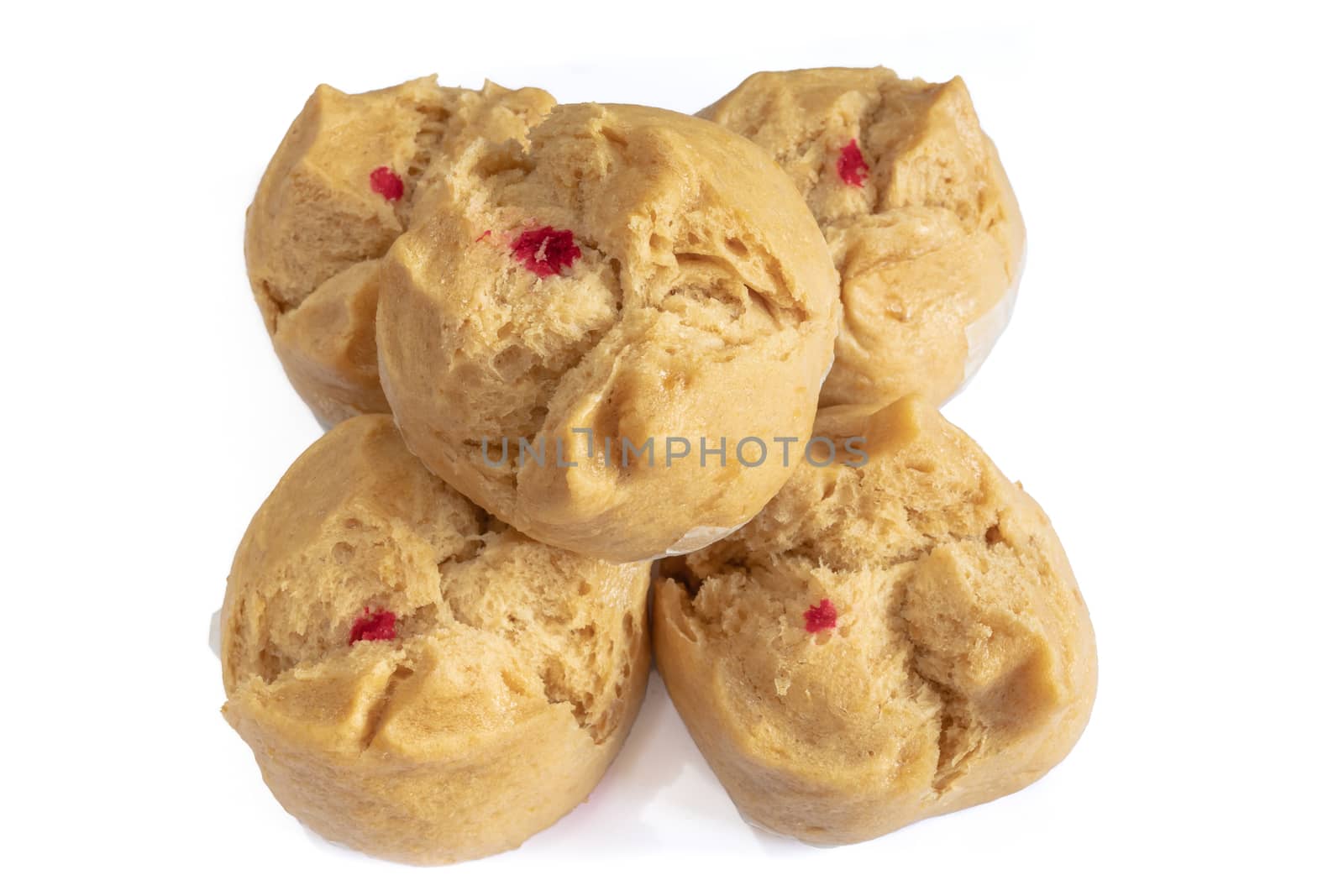 The close up of Chinese brown sugar steamed bread buns on white background.