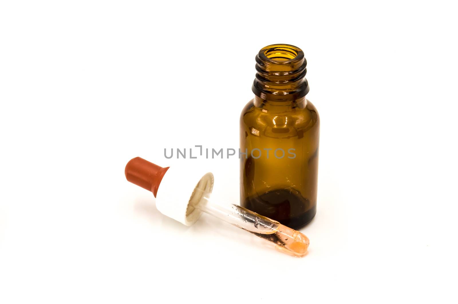 A brown pharmacy bottle with a dropper on a white background