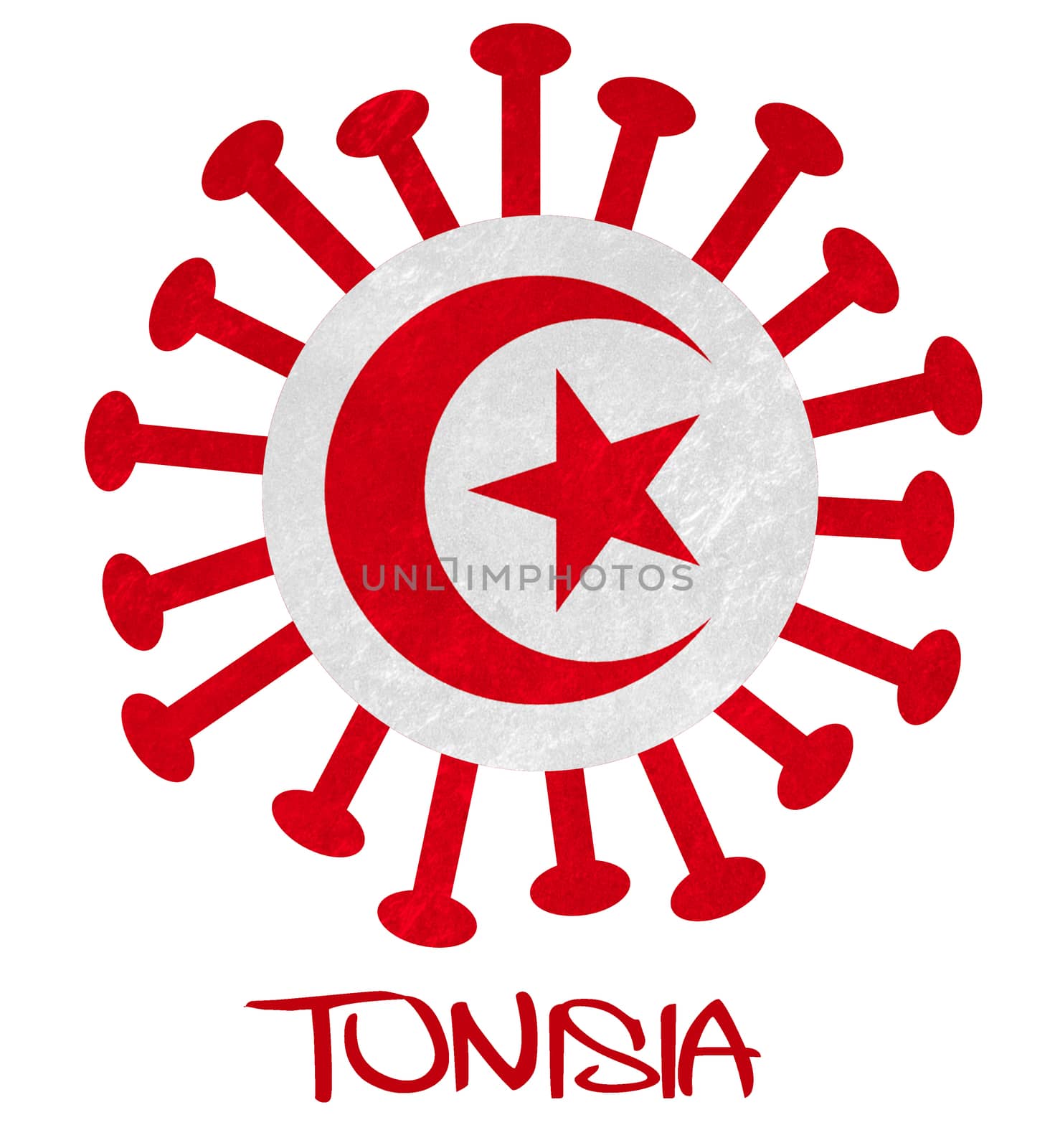 The Tunisian national flag with corona virus or bacteria - Isolated on white