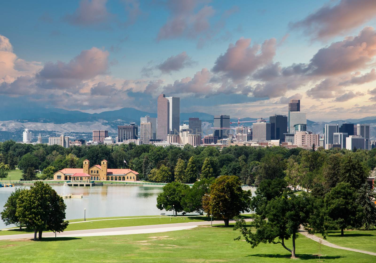 Denver Skyline Beyond Green Park at Dusk by dbvirago