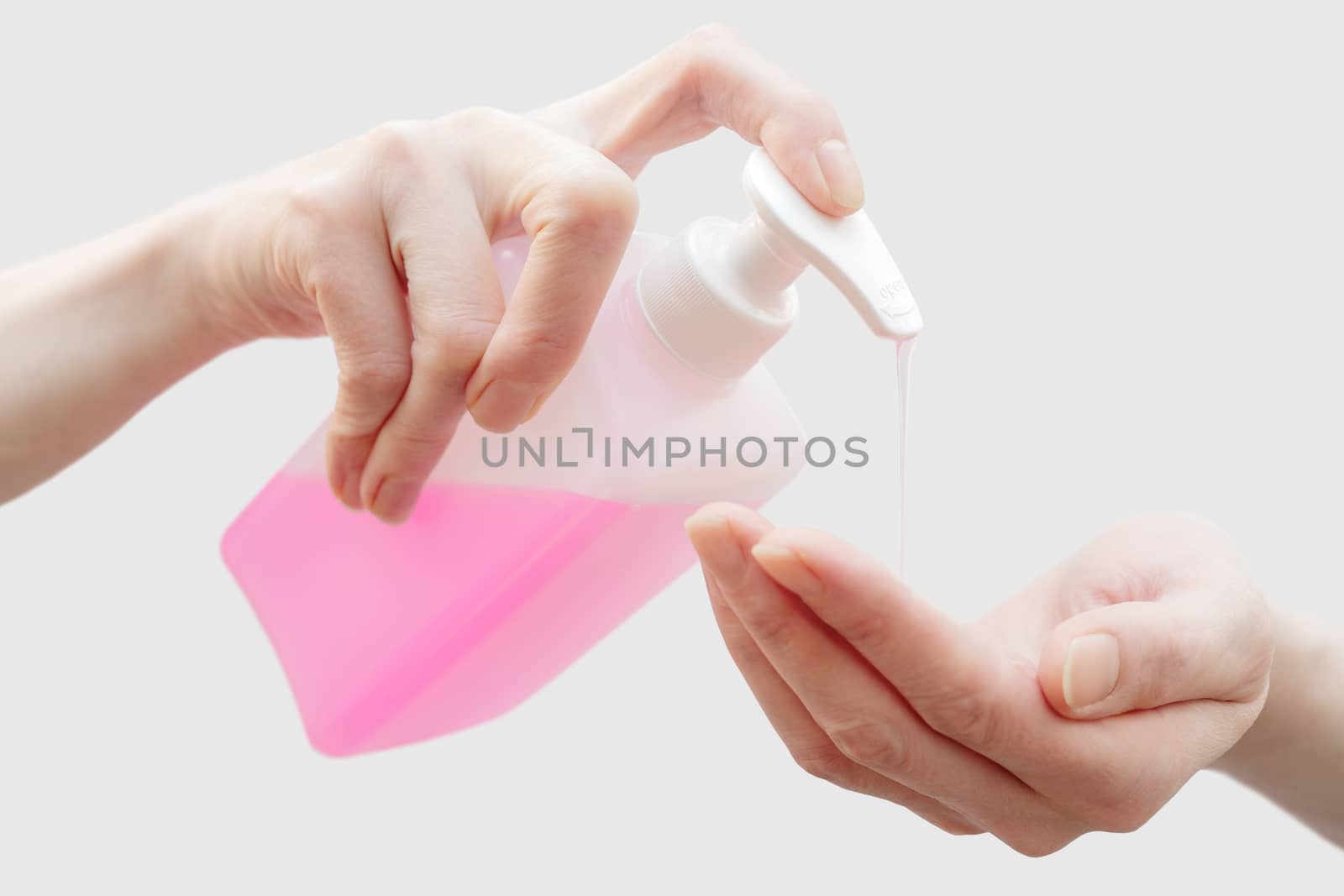 Antibacterial soap in the hands. Hand disinfection with soap. Cleanliness and hygiene in everyday life. 