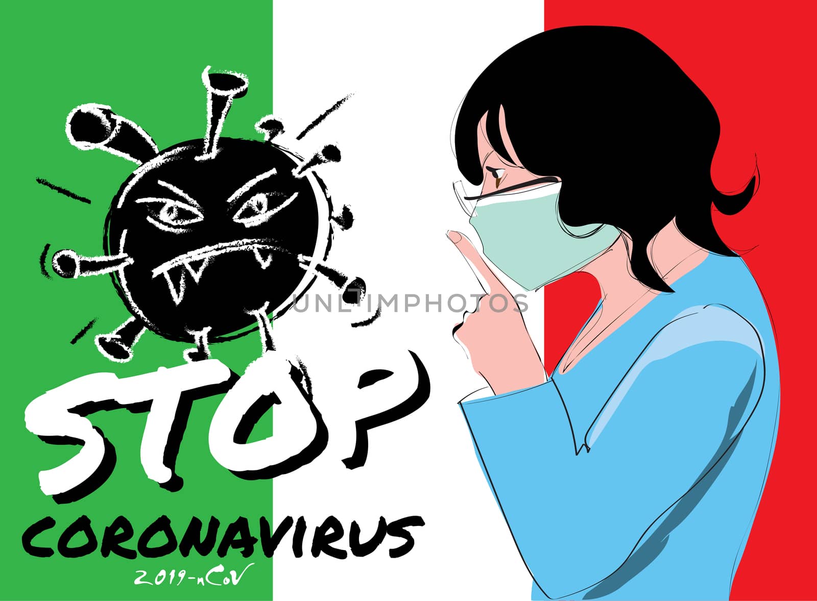 Pandemic Stop. Novel Coronavirus outbreak in Italy covid-19 2019-nCoV symptoms. Quarantine, self-isolation with protective mouth cap mask. Vector concept illustration. EPS 10