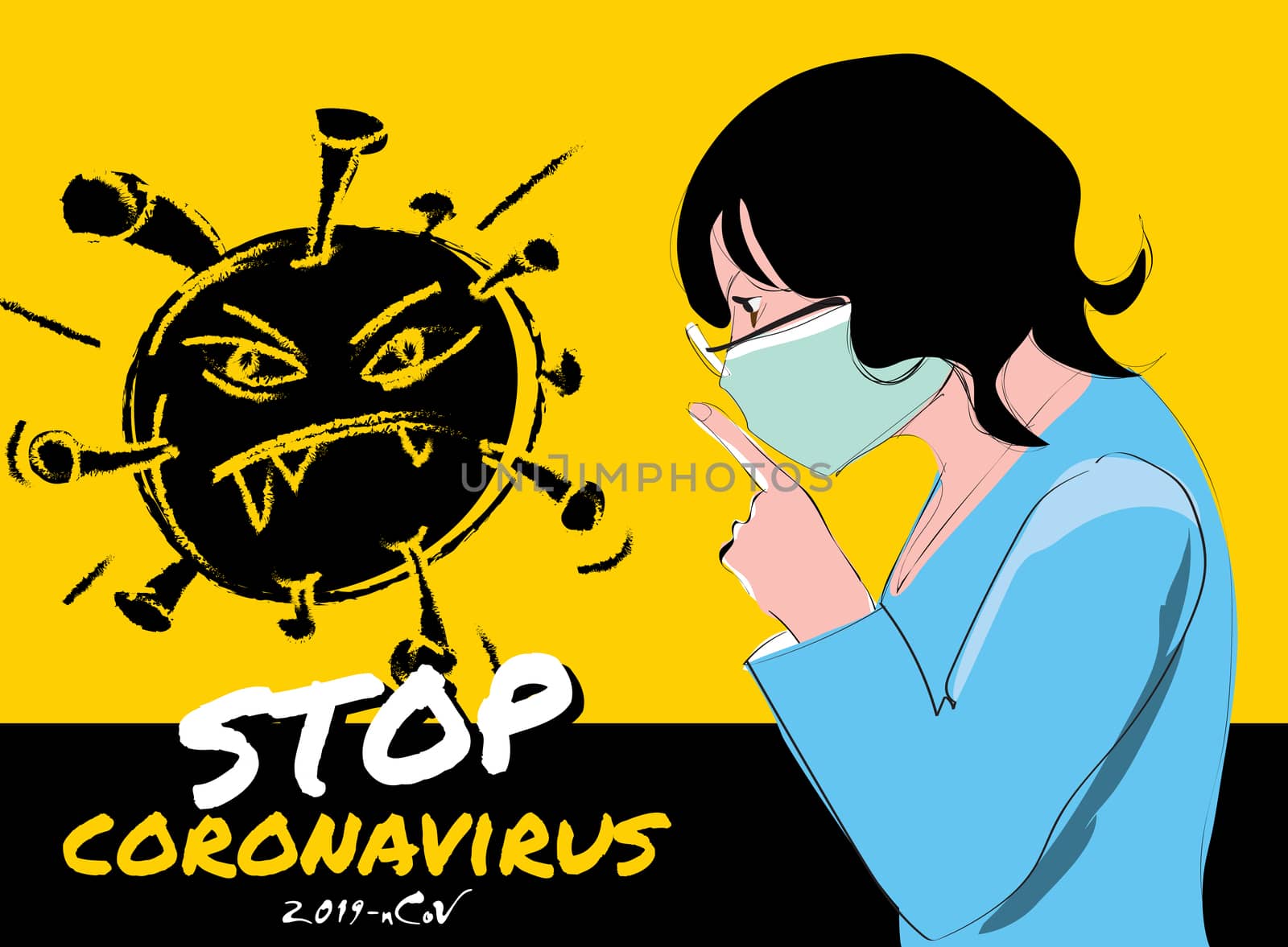Pandemic Stop. Novel Coronavirus outbreak covid-19 2019-nCoV symptoms. Quarantine, self-isolation with protective mouth cap mask. Vector concept illustration. EPS 10