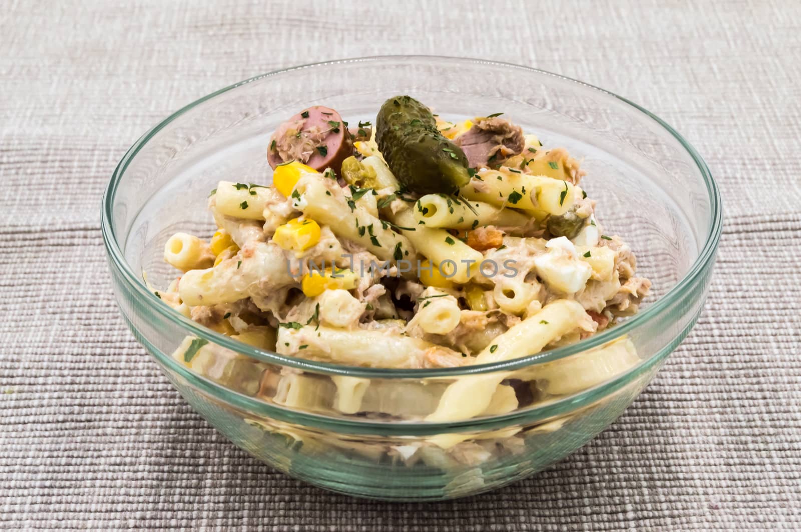 Pasta salad dish with corn, tuna and a pickle  by Philou1000