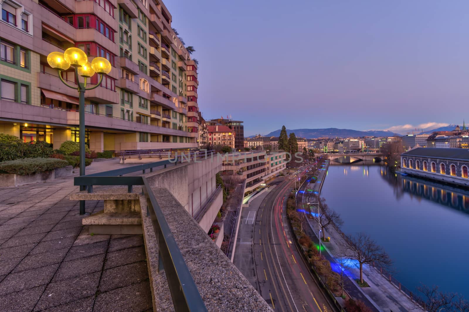 Rhone river and old buildings by sunset, Geneva, Switzerland - HDR