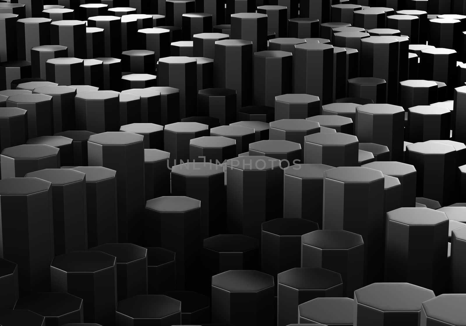 3D render abstract geometric polygon background. Many black octagonal boxes. Many black octagonal stick in darkness background.