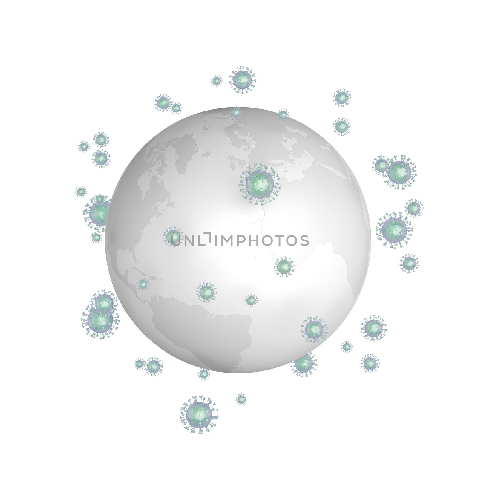 Concept image with many viruses around the earth for coronavirus disease COVID-19 pandemic