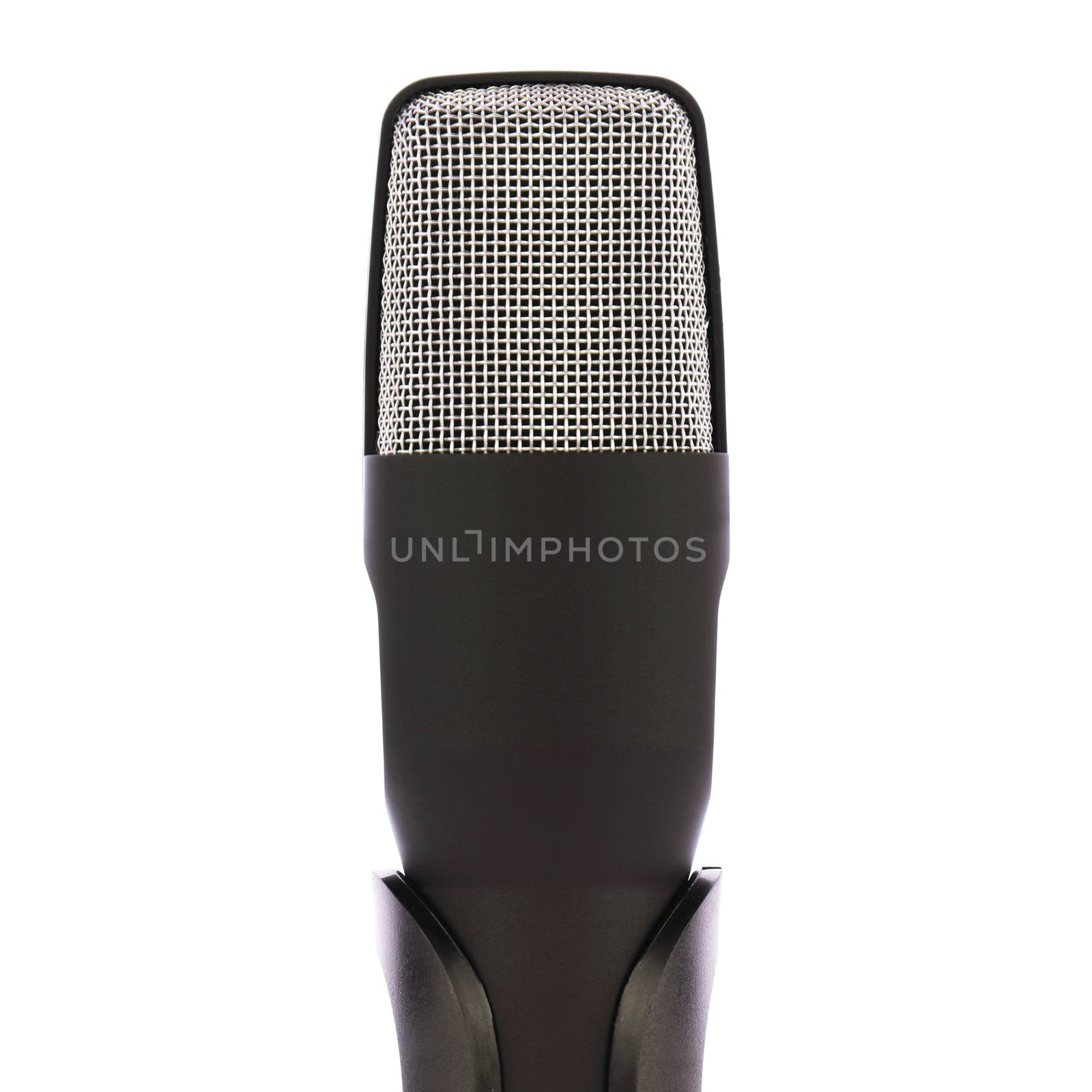 A broadcast microphone isolaed on a white background