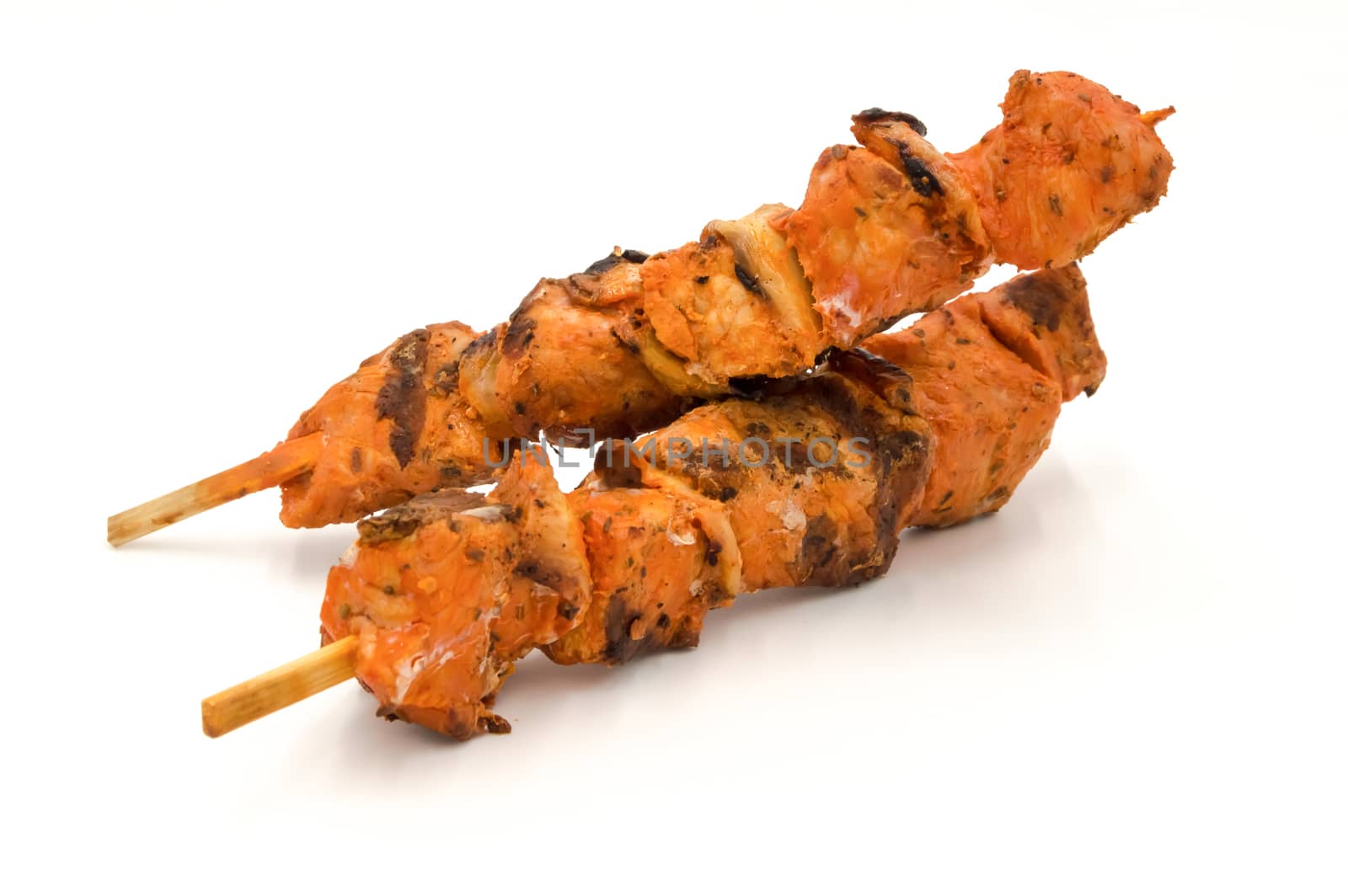 Grilled pork skewers isolated on white background, pork barbecue