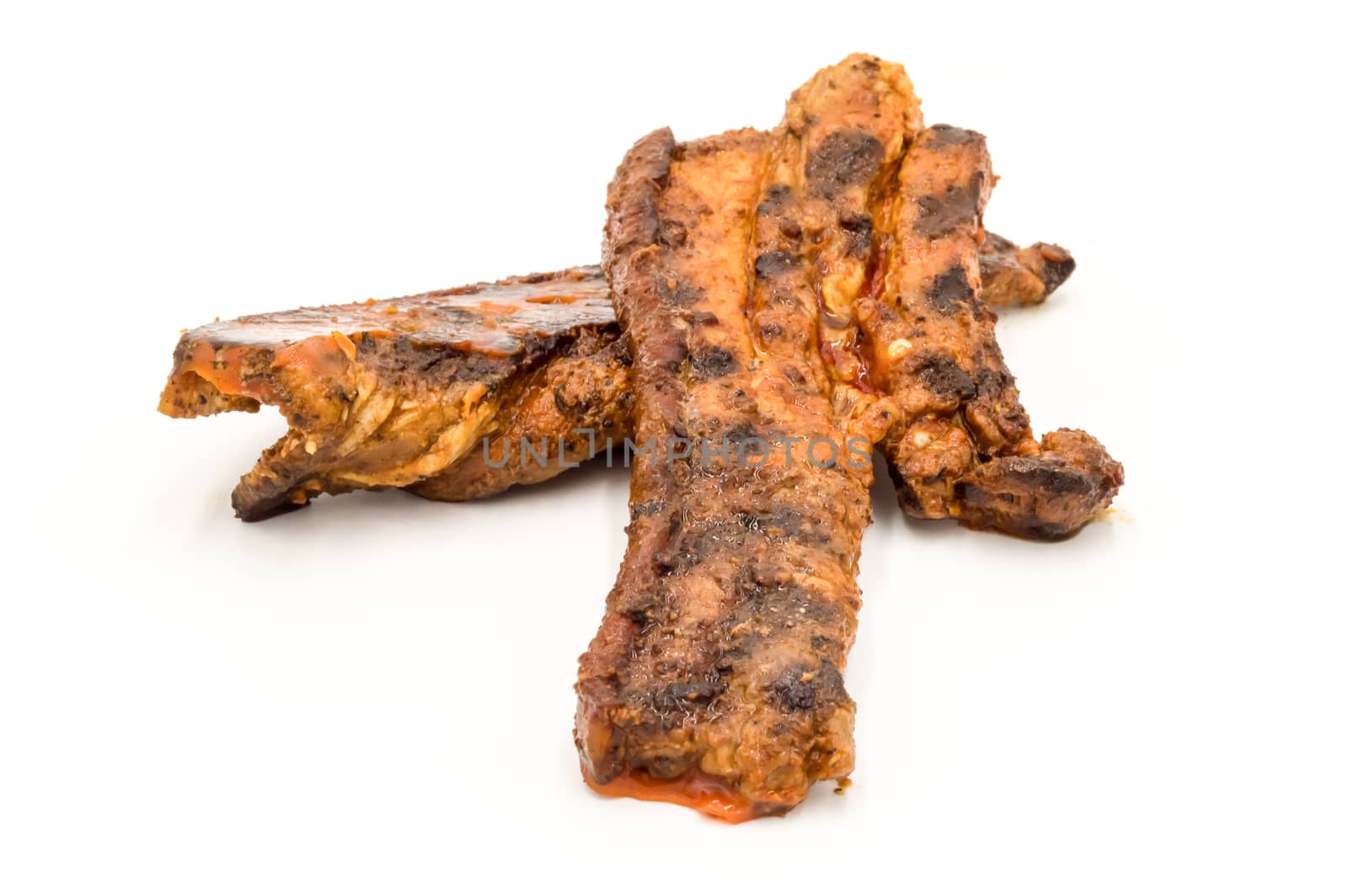 Grilled pork bacon isolated on a white background,  by Philou1000