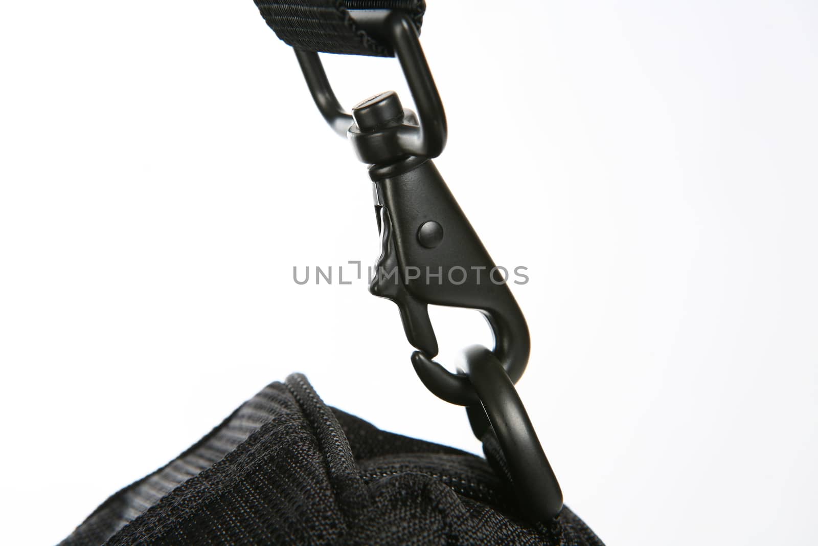 Black metal snap hooks for bag. on white background with copy space