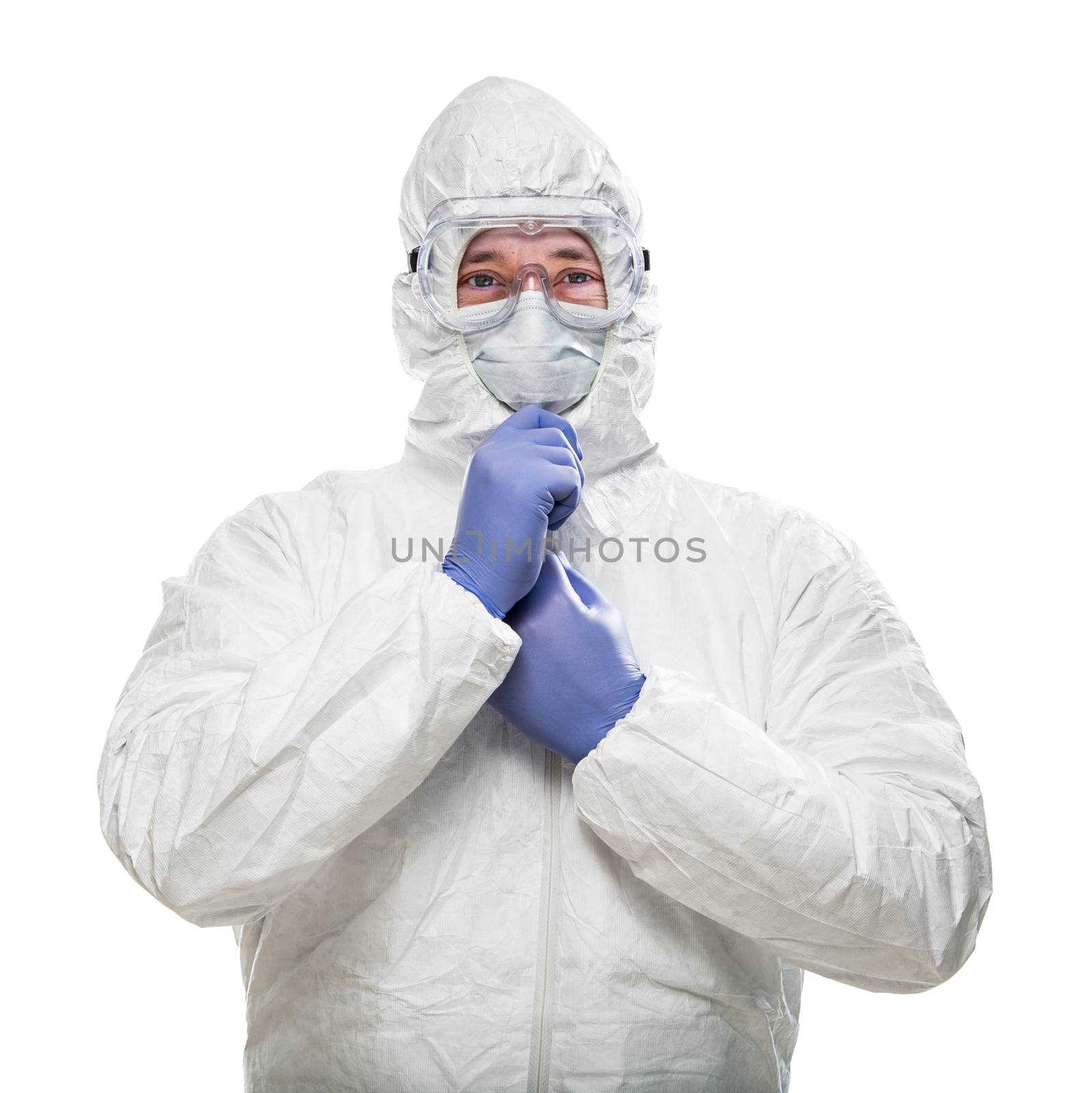 Man Wearing Hazmat Suit, Goggles and Medical Face Mask Isolated On White. by Feverpitched