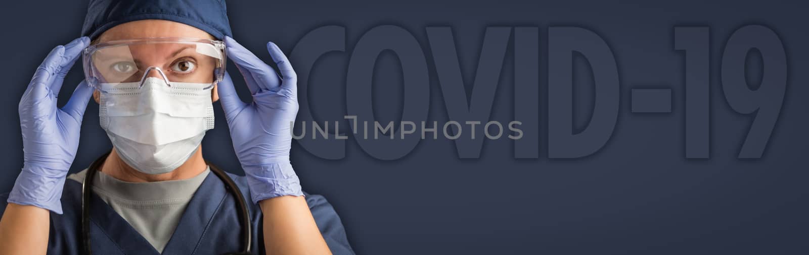Banner of Female Doctor or Nurse In Medical Face Mask and Protective Gear With COVID-19 Text Behind. by Feverpitched