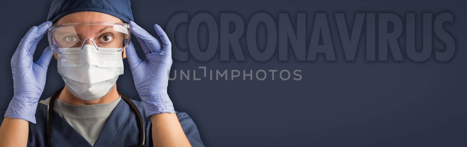 Banner of Female Doctor or Nurse In Medical Face Mask and Protective Gear With Coronavirus Text Behind. by Feverpitched