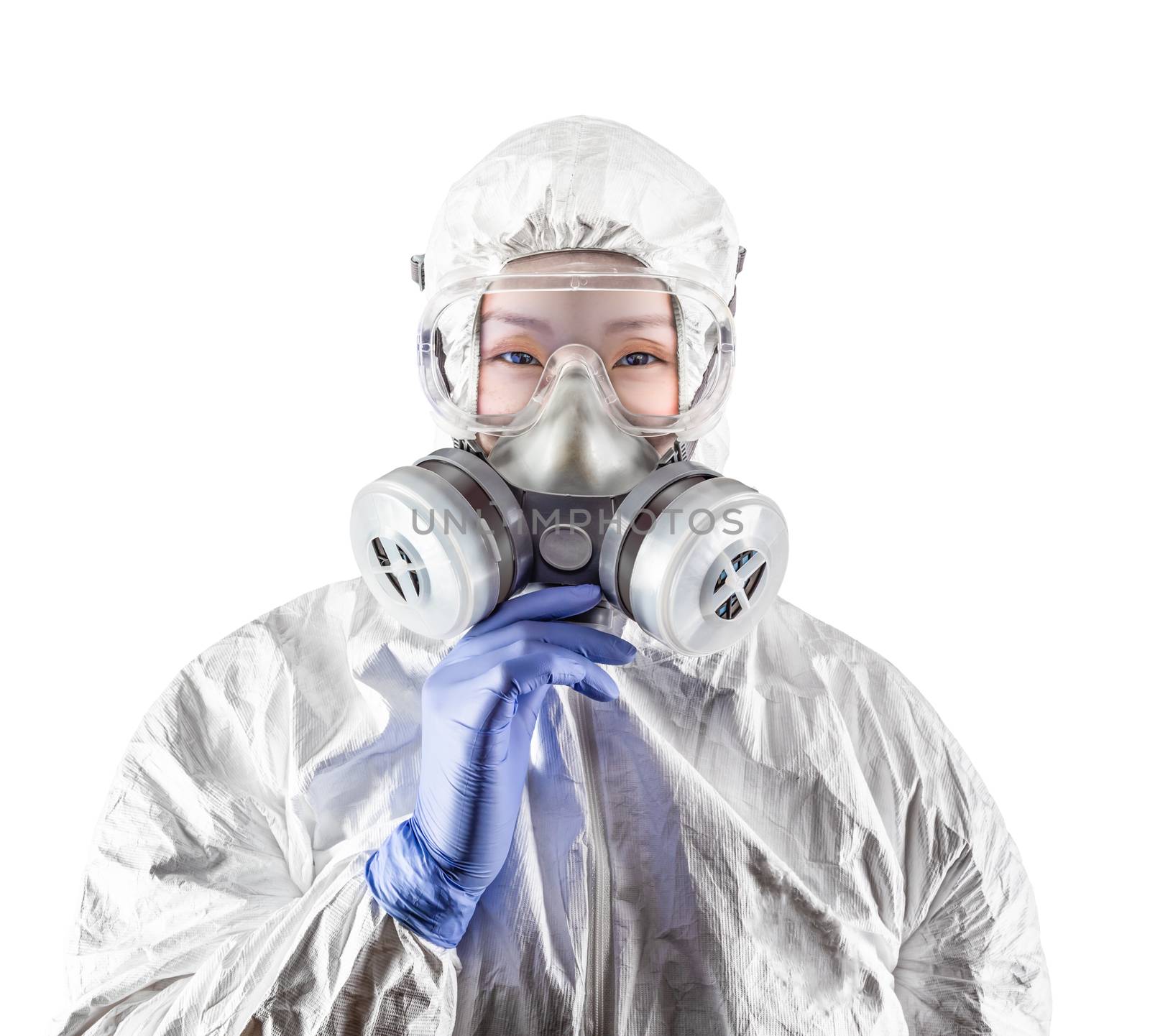 Chinese Woman Wearing Hazmat Suit, Protective Gas Mask and Goggles Isolated On White.