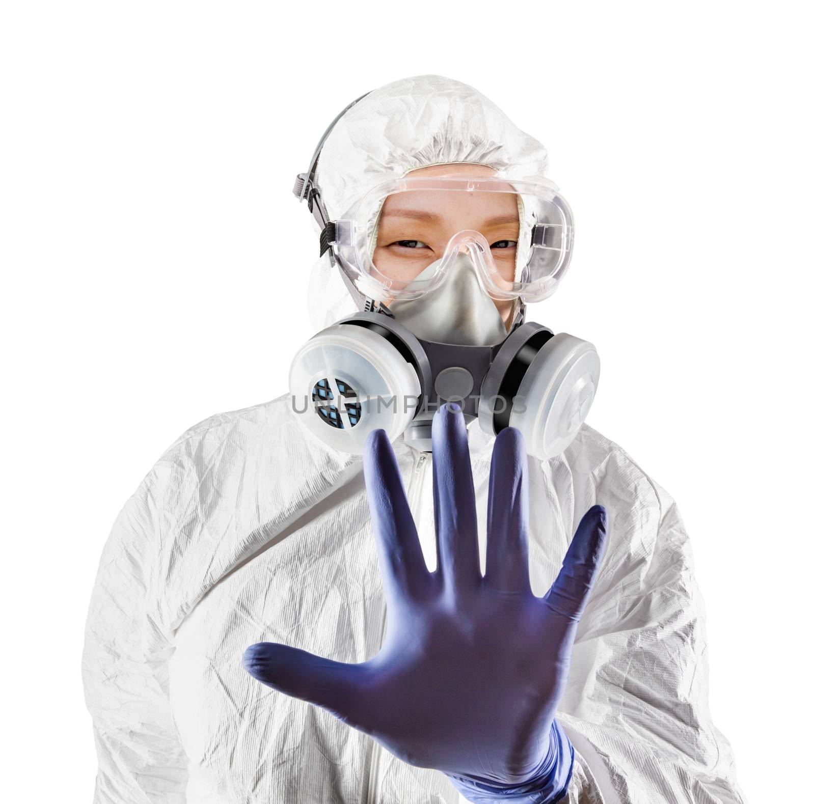 Chinese Woman Wearing Hazmat Suit, Protective Gas Mask and Goggles Isolated On White.