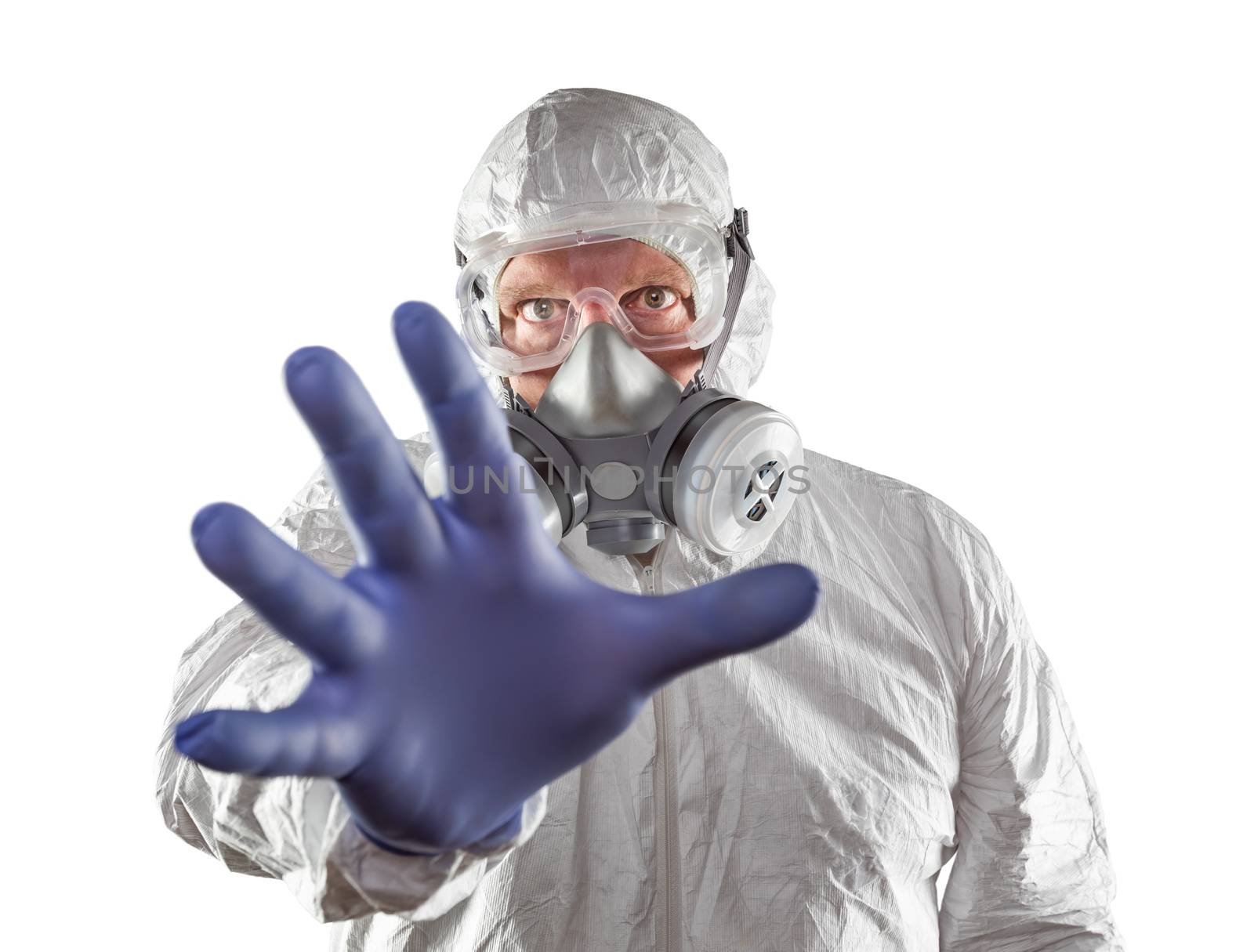 Man Wearing Hazmat Suit, Protective Gas Mask and Goggles Reaching Out With Hand Isolated On White.
