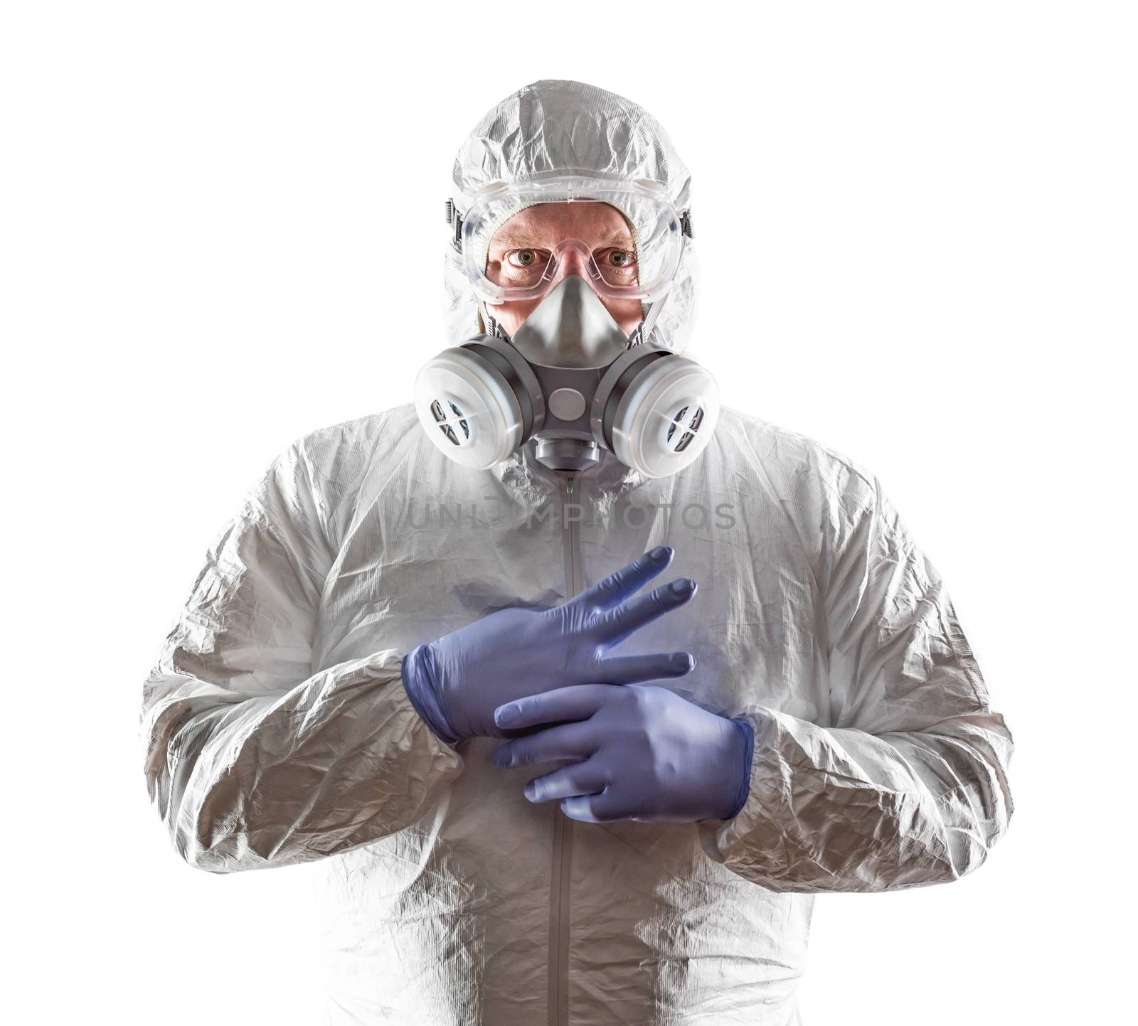 Man Wearing Hazmat Suit, Goggles and Gas Mask Isolated On White. by Feverpitched