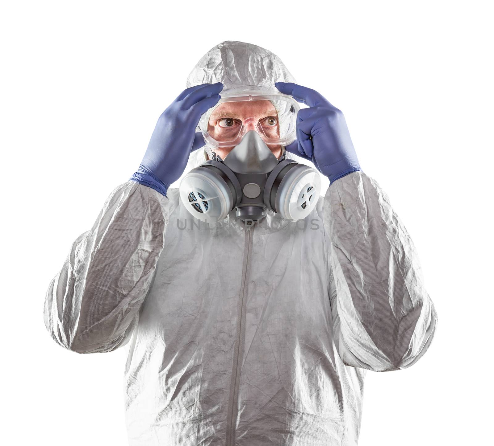 Man Wearing Hazmat Suit, Goggles and Gas Mask Isolated On White. by Feverpitched