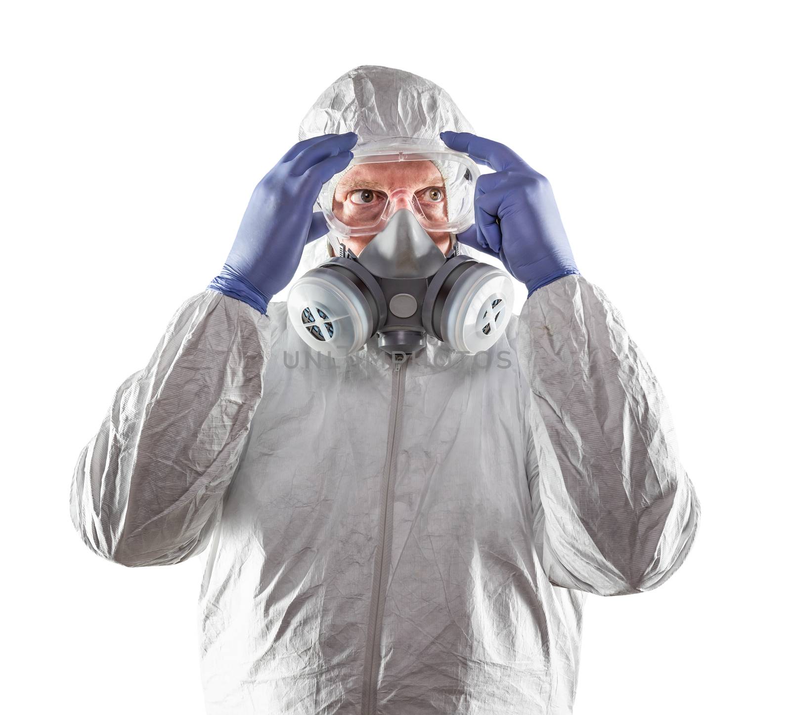 Man Wearing Hazmat Suit, Goggles and Gas Mask Isolated On White.