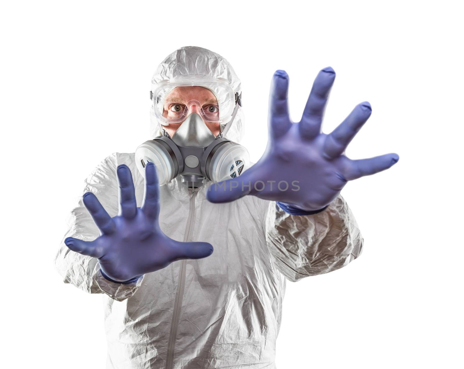 Man Wearing Hazmat Suit, Protective Gas Mask and Goggles Reaching Out With Hands Isolated On White.
