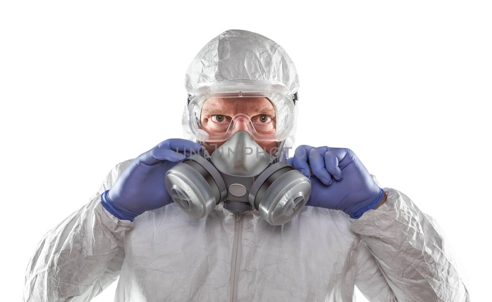 Man Wearing Hazmat Suit, Goggles and Gas Mask Isolated On White by Feverpitched
