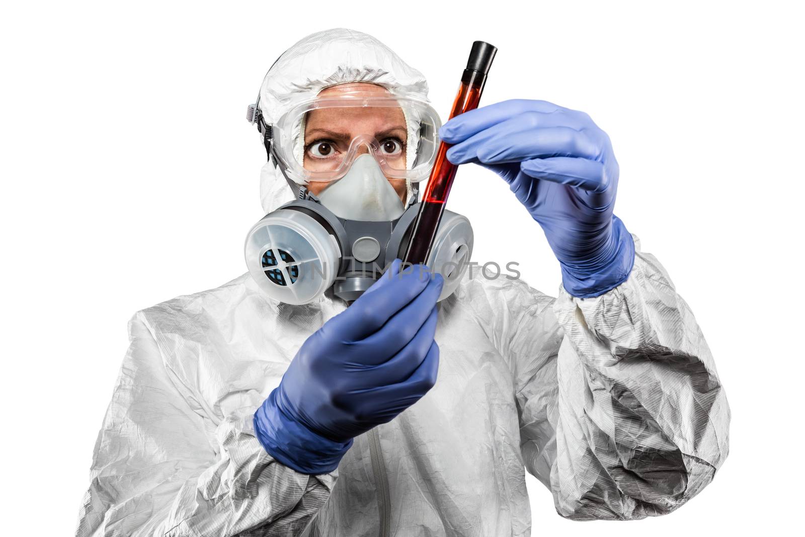 Woman In Hazmat Suit and Gas Mask Holding Test Tube of Blood Isolated On White Background. by Feverpitched