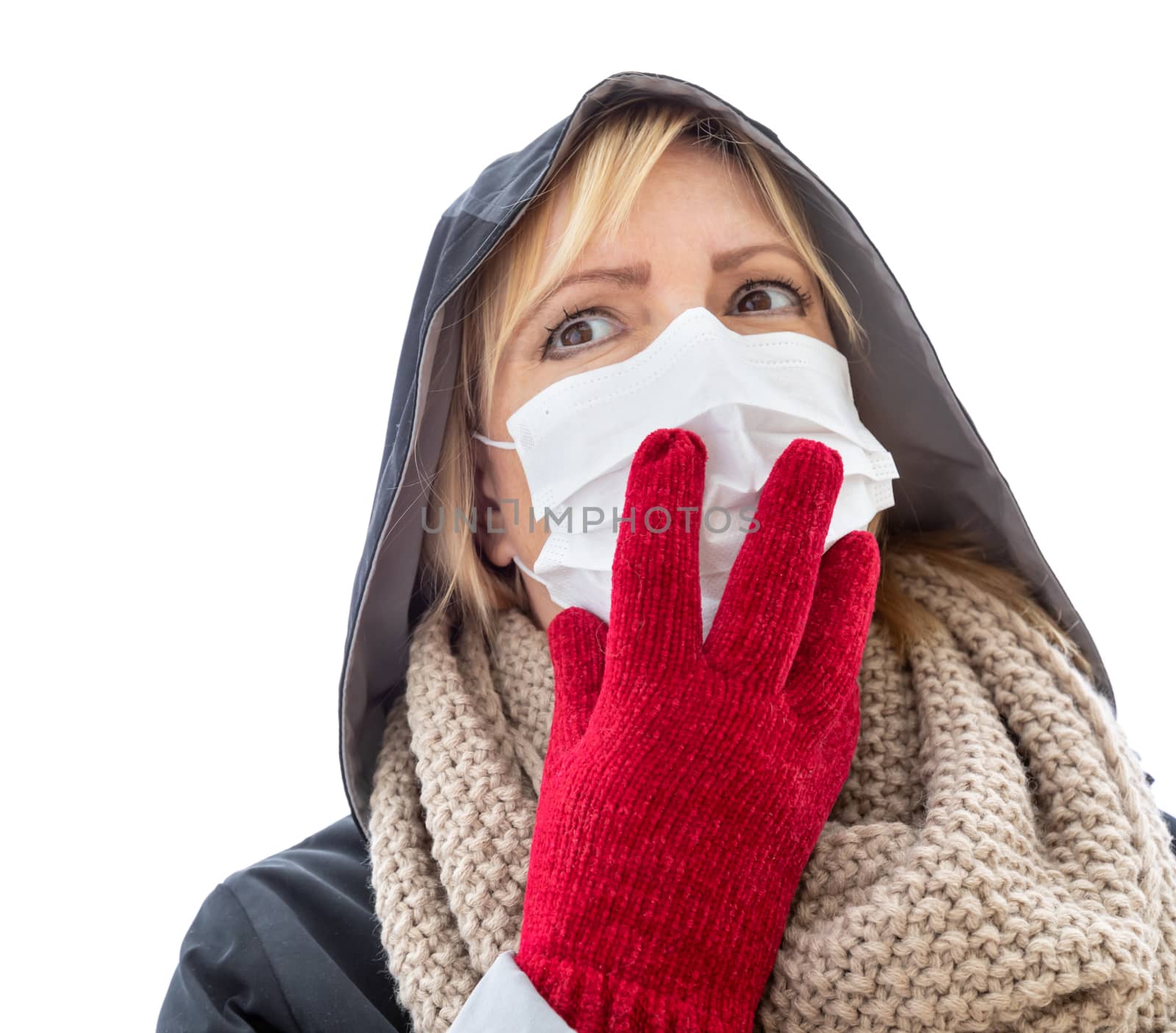 Young Woman Wearing Face Mask Walks Outside Isolated on White Background.